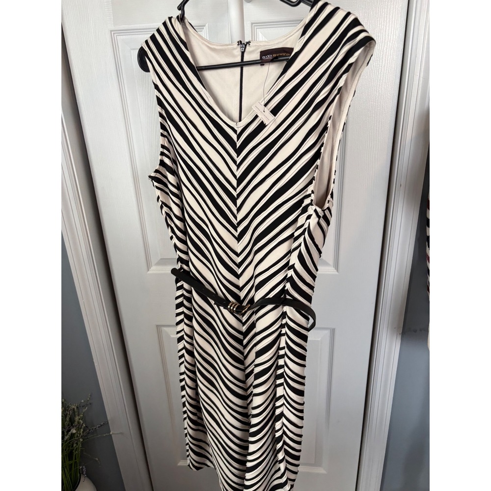 Dana Buchman‎ Black Cream Chevron Striped Belted Sheath Dress Womens Large
